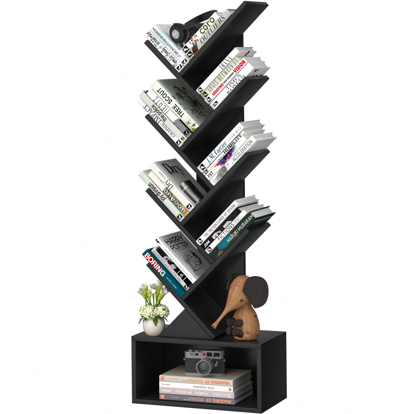 Modern Tree Bookshelf 8 Tier Zigzag Bookcase with Drawer, Vertical Storage Shelf for Books & Décor, Space-Saving Design, Black