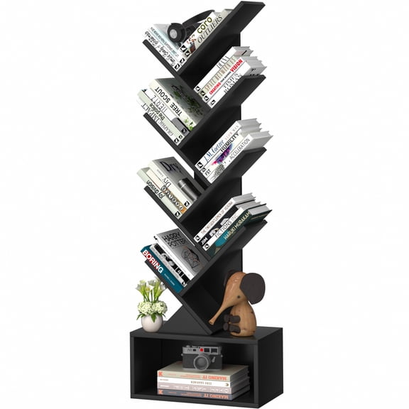Modern Tree Bookshelf 8 Tier Zigzag Bookcase with Drawer, Vertical Storage Shelf for Books & Décor, Space-Saving Design, Black