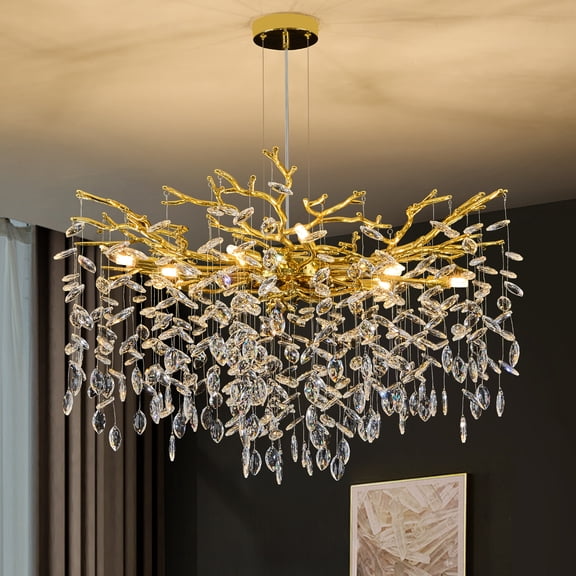 Modern Tree Branch Crystal Chandelier 31.5" Gold Crystal Dining Room Chandeliers 10-Light Luxury Pendant Lighting for Kitchen Bedroom Living Room