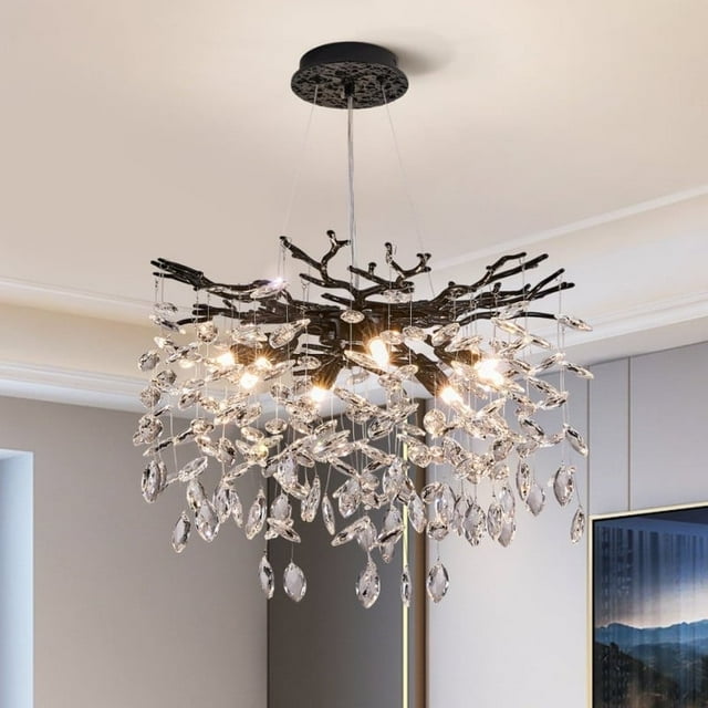 Modern Tree Branch Crystal Chandelier Luxury Black Crystal Pendant Lighting 18" Contemporary 6-Light Chandeliers for Dining Room Kitchen Bedroom Living Room