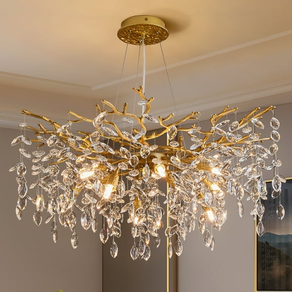 Modern Tree Branch Crystal Chandelier Luxury Gold Crystal Pendant Lighting 30" Contemporary 10-Light Chandeliers for Dining Room Kitchen Bedroom Living Room