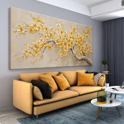 Modern Tree Of Life Wall Art Golden Yellow Flowers Wall Art Decor Canvas Prints Wall Pictures For Living Room Kitchen Bedroom Bathroom Office Apartment Decor 20x40 Inch