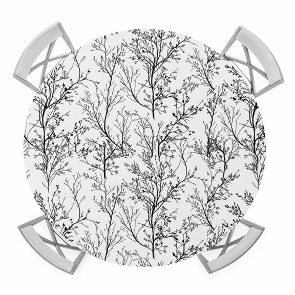 Modern Tree Plant Black White Fitted Tablecloth for 36-44in Round Tables,Waterproof Table Cover,Abstract Trees Branch Texture Elastic Edge Table Cloths for Dining Kitchen Holiday Party Decor