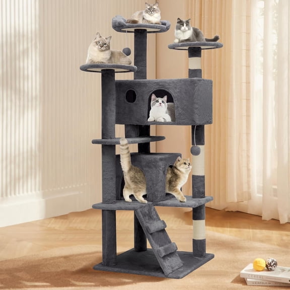 Modern  Tree Tower, 54 Inch Tall  Tree Climbing Tower with Scratching Post 2 Condo Multi-Level Activity Center and Playing Ball for Indoor Large Adult,