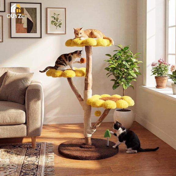 Modern Tree Tower with Solid Wood Scratching Post and Sunflower Perches for Indoor Cats