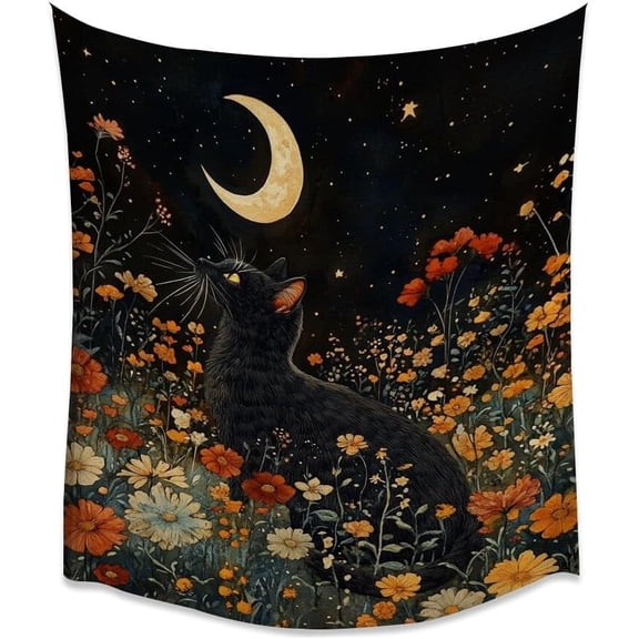 Modern Trendy Black Cat Wildflower Tapestry Vintage Celestial Tapestry Boho Floral Art Aesthetic Wall Hanging Tapestry Indie Small Tapestry for Bedroom Home Decor70x90inch