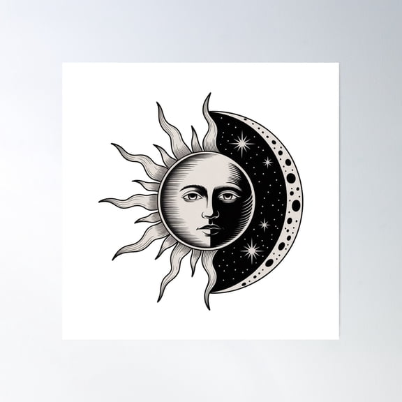 Modern Trendy Vintage Sun And Moon Black And White Poster Wall Art, Modern Wall Decor, 16x16 UNFRAMED