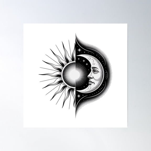 Modern Trendy Vintage Sun And Moon Black And White Poster Wall Art, Modern Wall Decor, 16x16 UNFRAMED