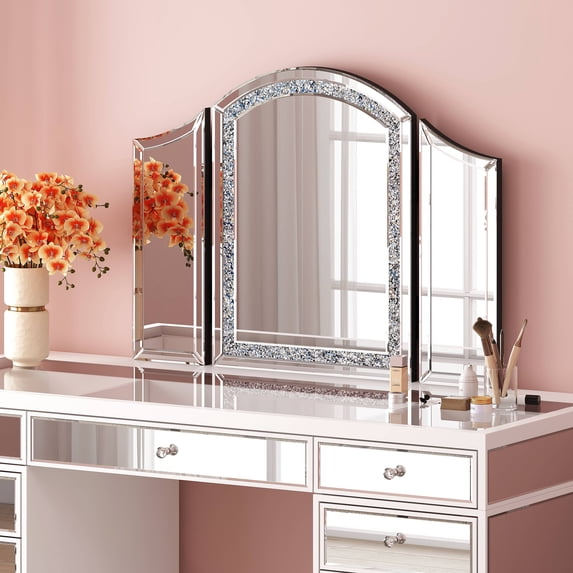 Modern Tri-fold Tabletop Vanity Mirror Makeup Tri-Folding Mirror Trifold Table Top Panel Frame Accent Decor with Faux Diamond
