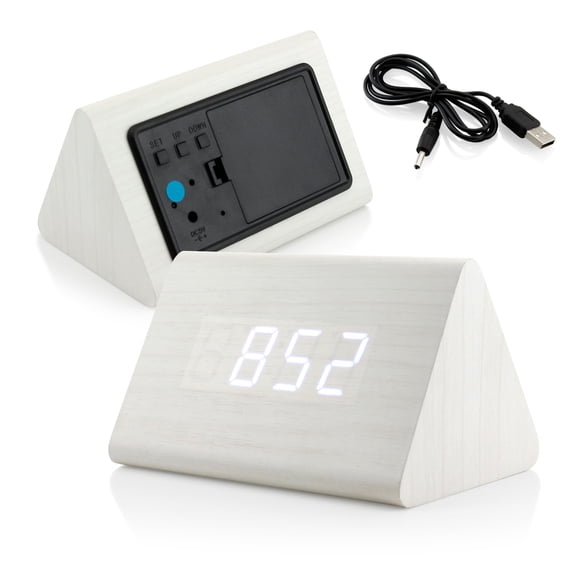 Modern Triangle Wood LED Wooden Alarm Desk Clock Thermometer Classical Timer Calendar