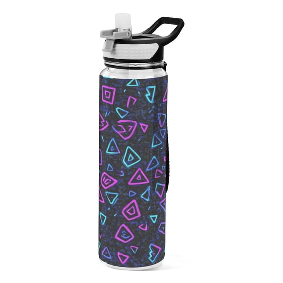 Modern Triangles Neon Pattern 1000ml Tritan Sport Bottle Straw LeakProof Food-Grade Portable Wide Handle