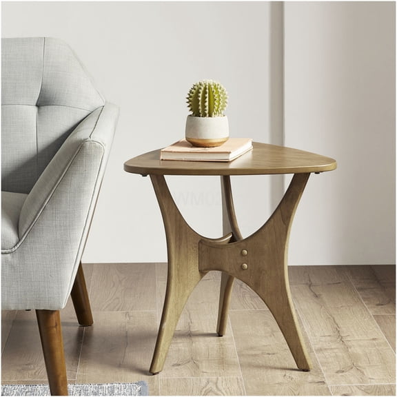 Modern Triangular Side Table in Light Brown, Wood End Table with Cross Base for Living Room, Bedroom, or Office