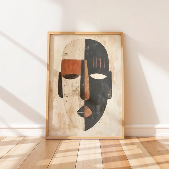 Modern Tribal Mask Artwork Geometric Wall Art Minimalist Design Earthy Neutral Decor, Unframed Poster
