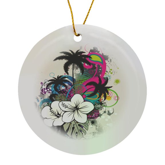 3drose, Modern Tropical Floral and Palm Trees Swirl Vector Art, Circle Porcelain Ornament