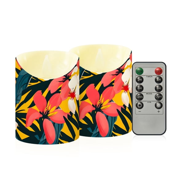 Modern Tropical Floral Leaves Flickering Flameless Candles with Remote Timer Battery Operated LED Tealight Set of 2 M