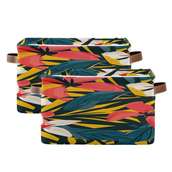 Modern Tropical Floral Leaves Square Storage Bins with Handles Collapsible Containing Box 2 Packs