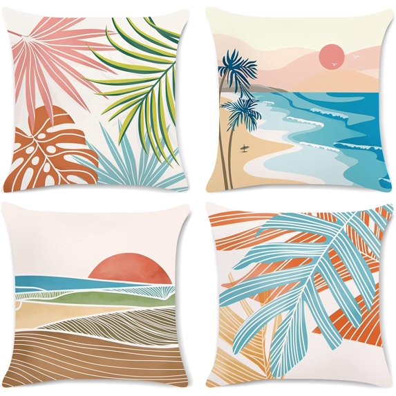 Modern Tropical Hawaii Pillow Covers 16x16 Inch Set of 4 Outdoor Palm Leaves Decorative Pillows Case Soft Velvet Tropical Decoration for Patio Garden Bed Home Decor