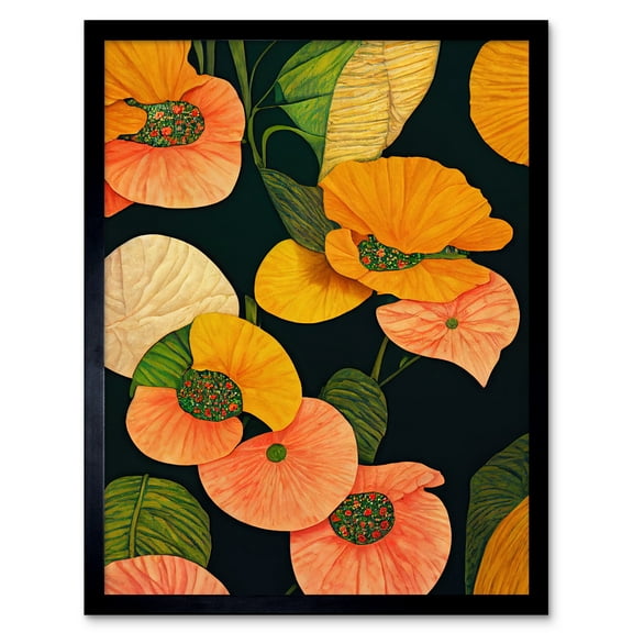 Modern Tropical Lake Flowers Orange Yellow Peach Cream Warm Colours on Dark Green Art Print Framed Poster Wall Decor 12x16 inch