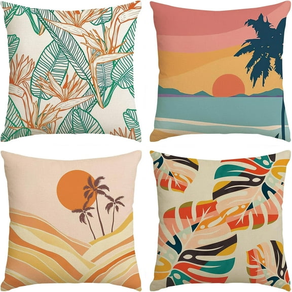 Modern Tropical Leaves Pillow Covers, Minimalist Aesthetic Leaf Decorative Throw Pillow Cases 18x18 Set of 4,Summer Outdoor Pillow Covers for Patio Sofa Couch Bedroom