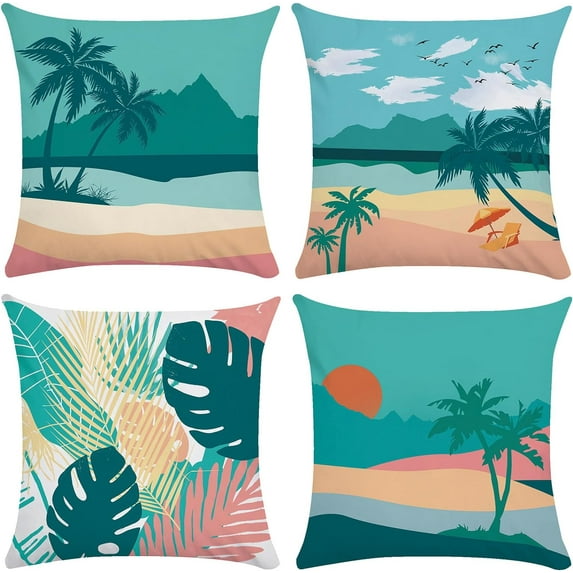 Modern Tropical Leaves Pillow Covers, Minimalist Aesthetic Leaf Decorative Throw Pillow Cases 18x18 Set of 4,Summer Outdoor Pillow Covers for Patio Sofa Couch Bedroom