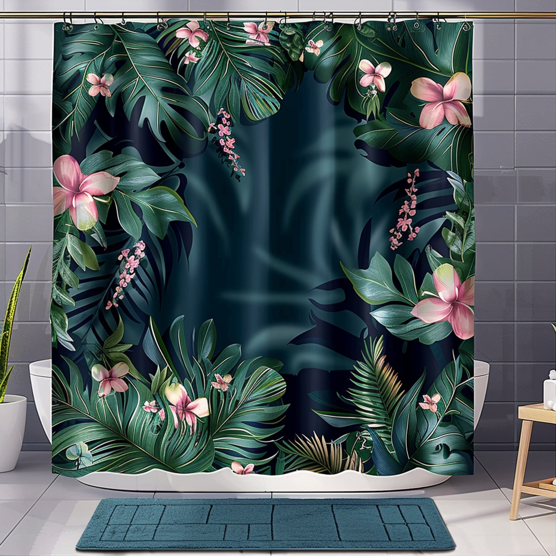 Modern Tropical Rainforest Shower Curtain with Dark Blue and Green