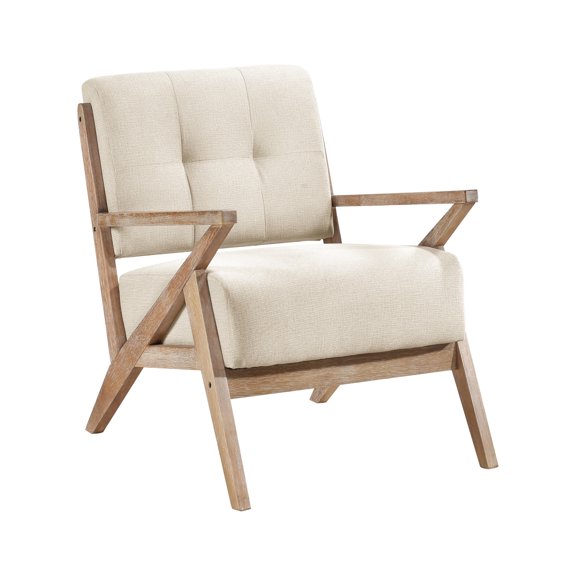 Modern Tufted Accent Chair | For Primary Living Rooms | Solid Rubberwood with Natural Antique Finish | Pocket Coils for Support