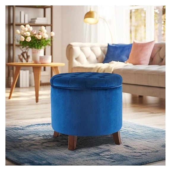 Modern Tufted Accent Storage Ottoman, Small Upholstered Button Circle Pouf Footstool with Lift Top, for Bedroom Living Room Vanity - Navy Blue