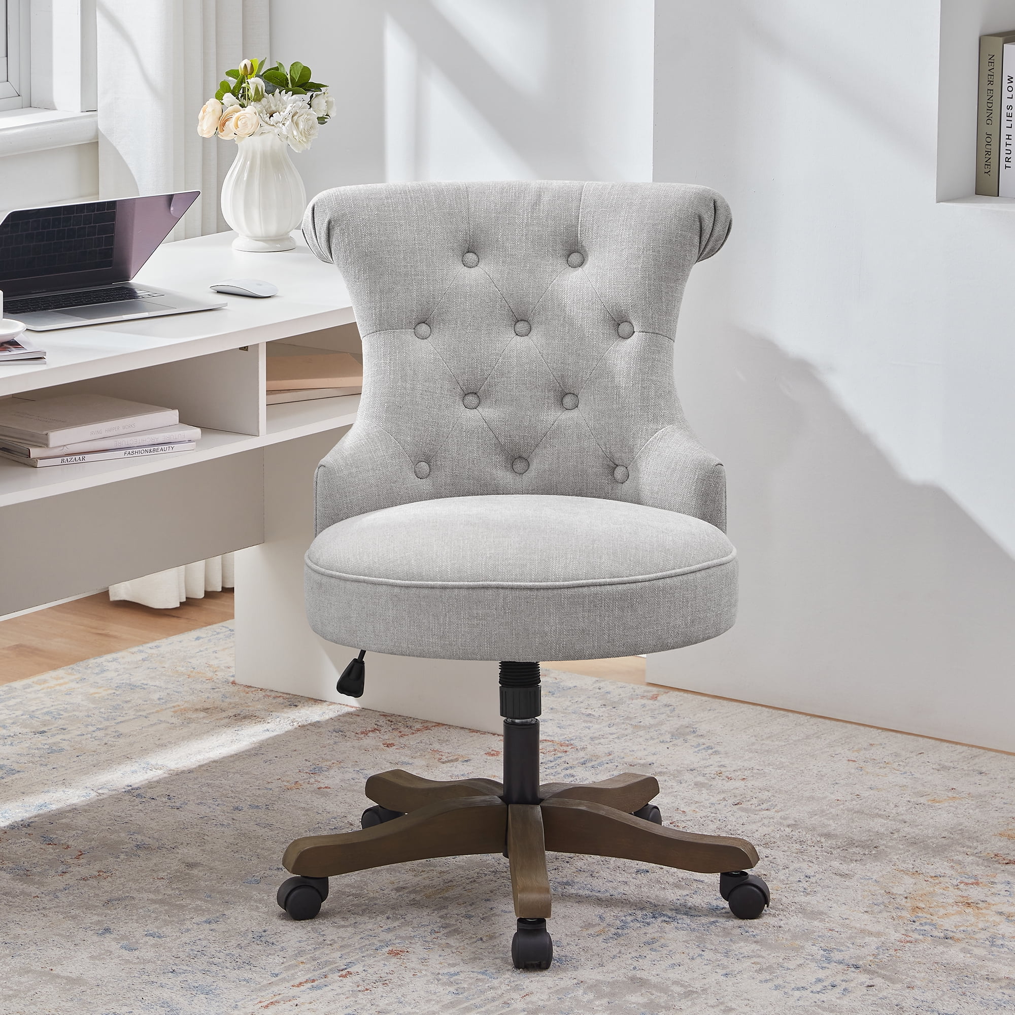 Modern Tufted Armless Home Office Chair Comfy Upholstered Swivel Desk Chair with Wheels Height Adjustable Swivel Computer Task Vanity Chair for Living Room Bedroom Office Light Grey Walmart Business S...