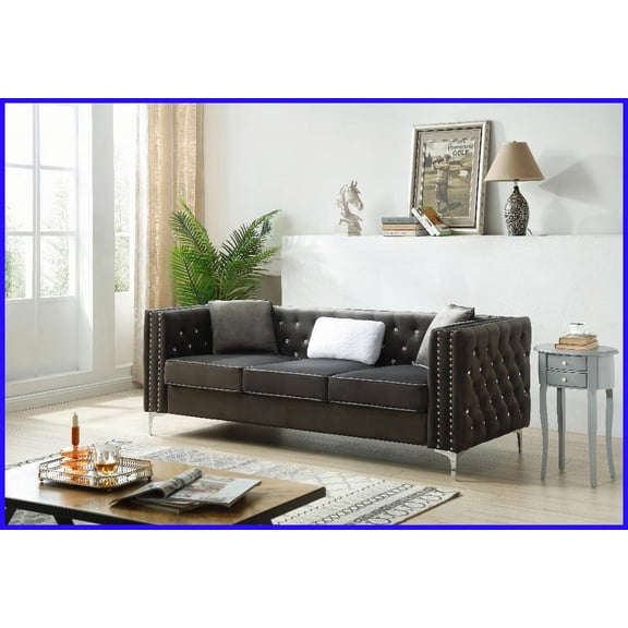 Modern Tufted Gray Plush Velvet 3-Seater Living Room Sofa with Faux Diamond Buttons