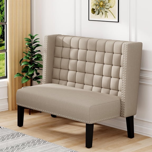 Modern Tufted Loveseat Settee, Upholstered Bench with Back for Kitchen Dining Room Living Room, Linen High Back Banquette Seating Sofa Couch with Wood Legs Khaki