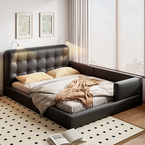 Modern Tufted Plattform Bed with Headboard, Queen PU Leather Floor Day Bed Frame, No Box Spring Needed Black