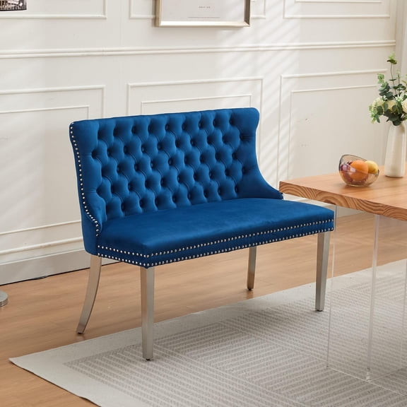 Modern Tufted Velvet Dining Bench with Wing Back, 2-Seat, Nailhead Trim, Sturdy Stainless Steel Legs, Entryway Bench Small Upholstered Loveseat Sofa, 45.6''W x 22.7''D x 35.2''H (Blue&Silver)