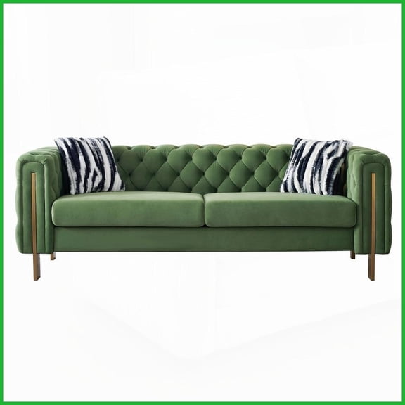 Modern Tufted Velvet Living Room Sofa, 84.25''W Mint Green Couch with Gold Metal Legs