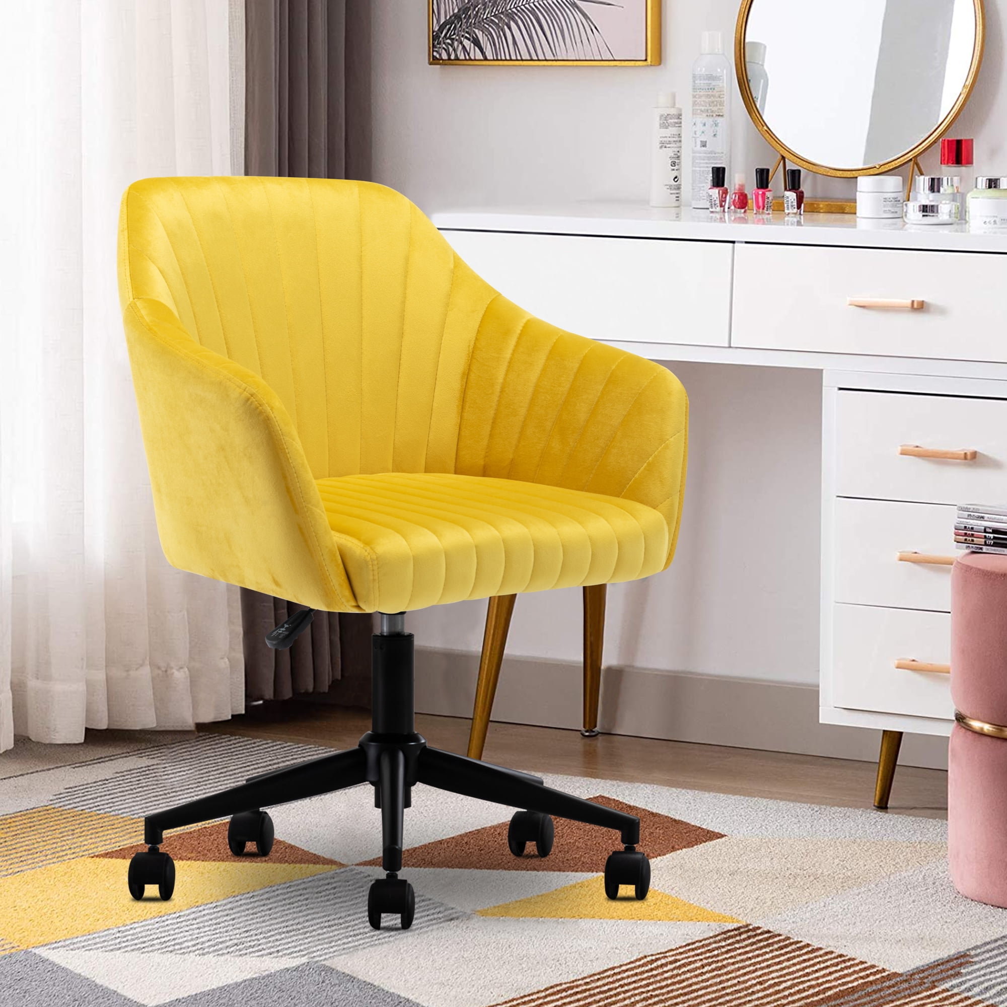 Modern Tufted Velvet Makeup Chair, 360° Swivel Reception Chair with Back and Arms, Tufted Task