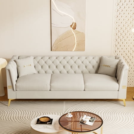 Modern Tufted Velvet Sofa with 2 Pillows, 82.67" Mid-Century 3-Seater Couch with Gold Metal Legs, Elegant Chesterfield-Style Upholstered Sofa for Living Room, Apartment, or Office (Cream White)
