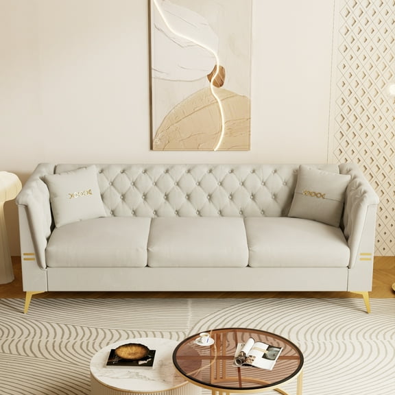 Modern Tufted Velvet Sofa with 2 Pillows, 82.67" Mid-Century 3-Seater Couch with Gold Metal Legs, Elegant Chesterfield-Style Upholstered Sofa for Living Room, Apartment, or Office (Cream White)