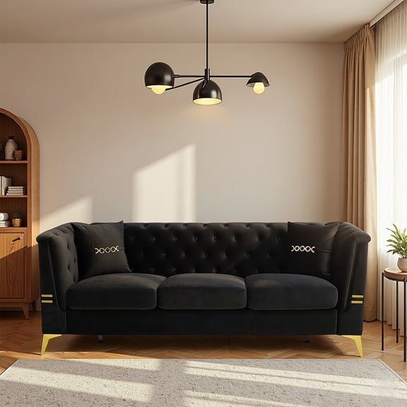 Modern Tufted Velvet Sofa, 82.67" Mid-Century 3-Seater Couch with Gold Metal Legs& Pillows, Elegant Chesterfield-Style Sofa for Living Room (Black)