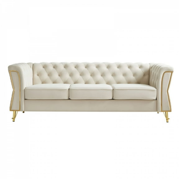 Modern Tufted Velvet Sofa 87.4 inch for Living Room Beige Color