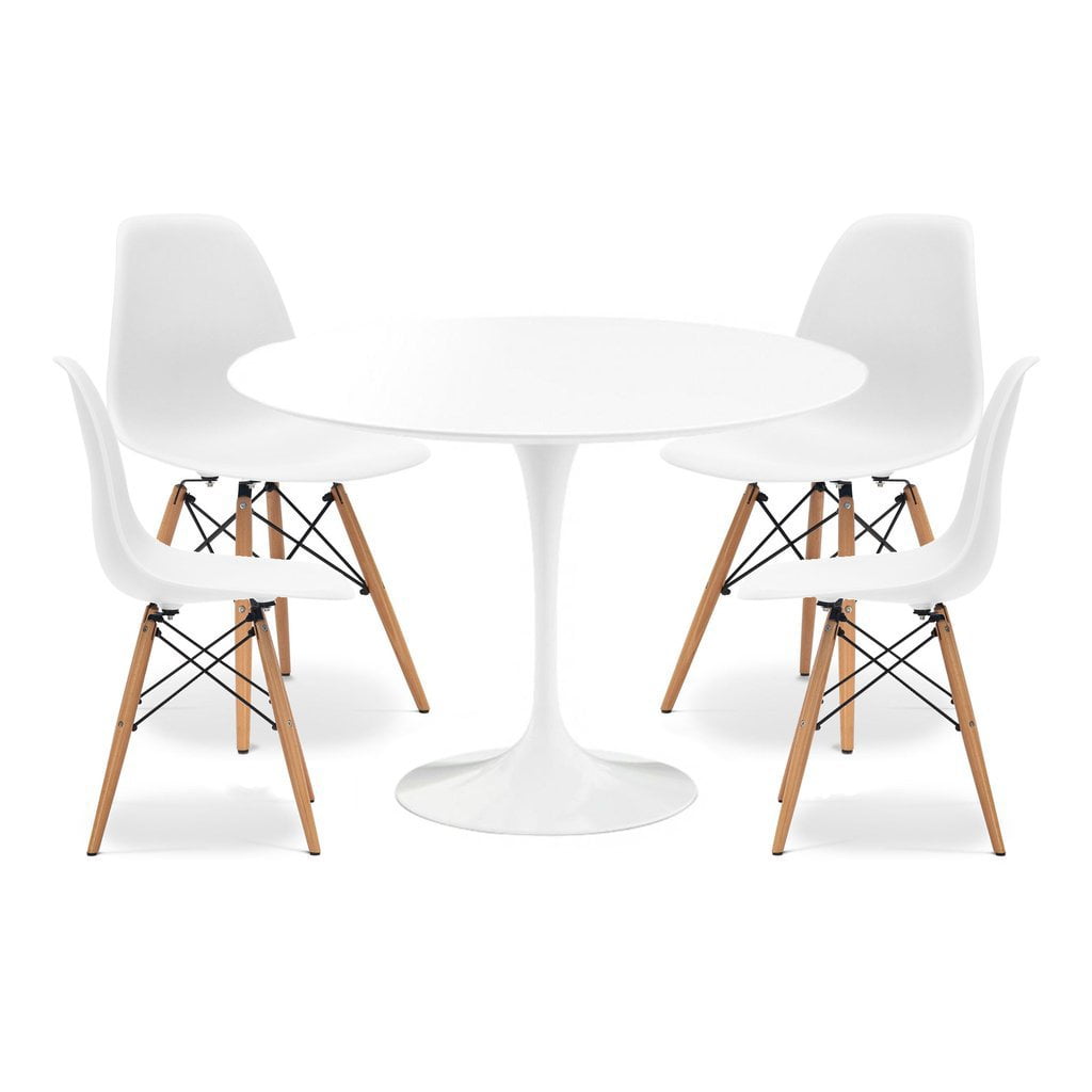 Modern Tulip Dining Table Set 42" and 4 Woodleg Chairs by Modholic