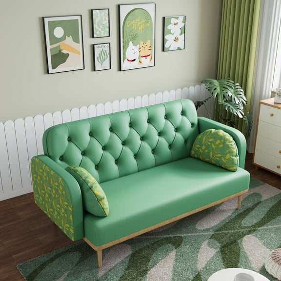 Modern Tulip Pattern Loveseat - 2 Seater PU Sofa with Dumpling Shaped Pillows, Upholstered Design for Living Room and Bedroom (Green)