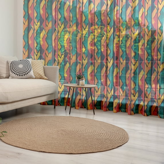 Modern Tulle Curtains with Rod Pocket, Geometric Contemporary Art Design Black Bold Zig Zag Borders Pattern, Sheer Drape for Wedding Party 2 Panels, 7 Sizes, Teal Orange Marigold, by Ambesonne