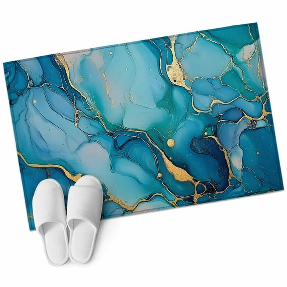 Modern Turquoise 2'x3' Washable Rug, Abstract Teal Gold Marble Textured Non-Slip Soft Doormat Area Rugs for Entrance Bathroom Bedsides, Carpet for Kitchen Bedroom, Entryway Floor Mat