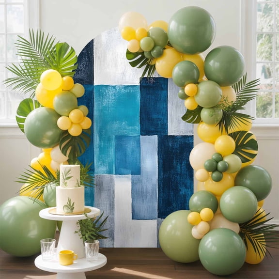 Modern Turquoise Arch Backdrop Cover, 5FT, Gradient Blue Grey White Coast Neutral Spandex Arch Covers Double-Sided Backdrop for Wedding Birthday Party Photo Background Decoration