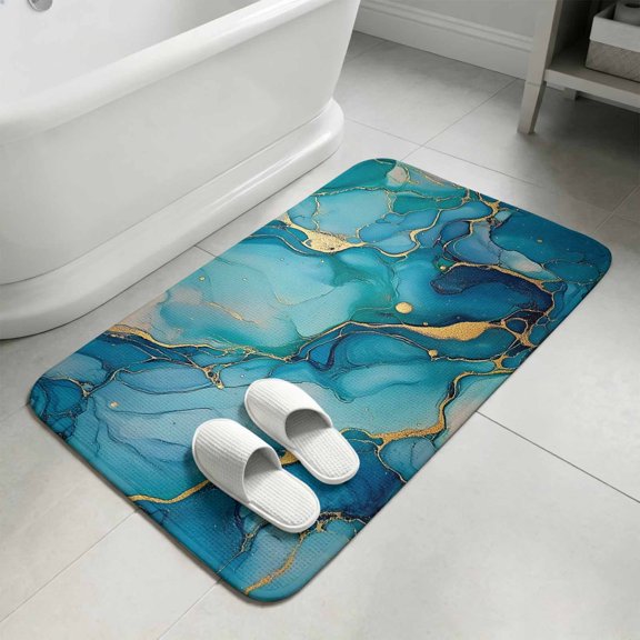 Modern Turquoise Bathroom Rugs Non Slip Washable Bath Mat Absorbent Low Pile Front Door Mat Abstract Teal Gold Marble Textured Indoor Doormat for Kitchen Entryway Shower Decor Accessories 15.7"x23.6"