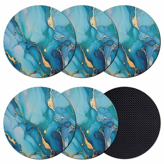 Modern Turquoise Coasters Set of 6, Absorbent Coasters for Drinks, Abstract Teal Gold Marble Textured Coaster for Desk Coffee Table Protection, Home Decor House Warming Gifts 4"