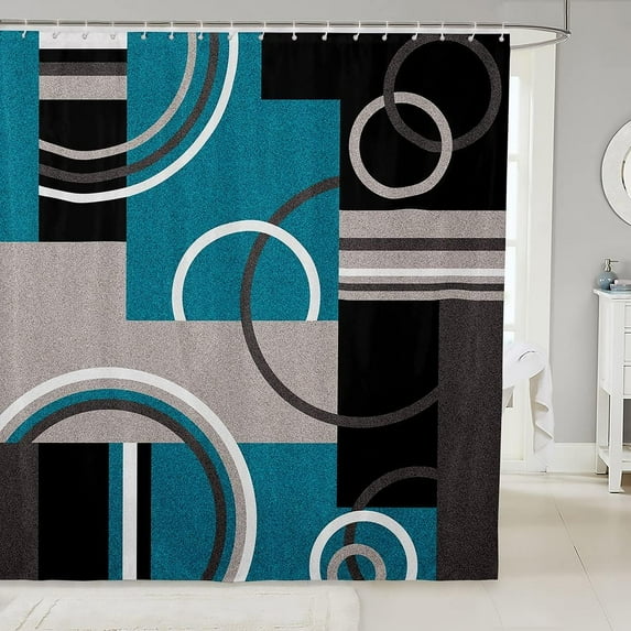 Modern Turquoise Decor Shower Curtain Gray Black Blue Stripes Geometric Retro Circle Swirls Abstract Texture Color Art for Bathtub 72"x84 Create a Unique and Vibrant Bathroom