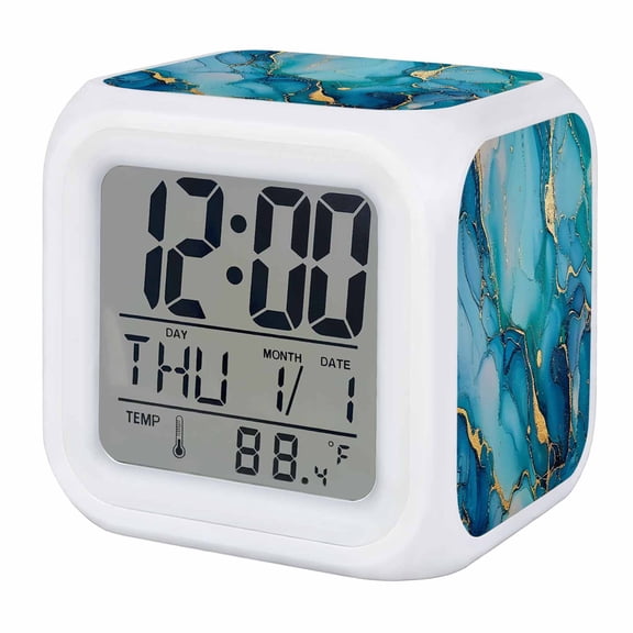 Modern Turquoise Digital Alarm Clock for Bedrooms, Smart LED Alarm Clock with 7 Color Changing Night Light, Abstract Teal Gold Marble Textured Silent Wake Up Clocks for Sleep Study Cooking 3.2"x3.2"