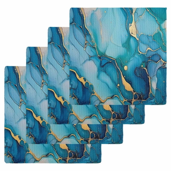 Modern Turquoise Dish Towels Set, Waffle Weave Kitchen Towels 4 Pieces, Abstract Teal Gold Marble Textured Microfiber Hair Face Bath Tea Towel Absorbent Quick Drying Cleaning Dish Cloths, 12"x12"
