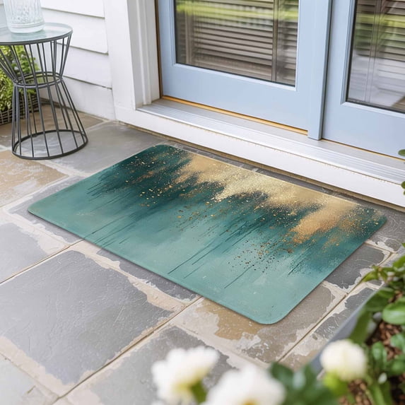 Modern Turquoise Gold Door Mat Indoor Outdoor, Abstract Teal Minimalist Art Non Slip Welcome Mat with Rubber Backing, Absorbent Fabric Front Door Mats Entryway Rug for Home Patio Entrance 16"x24"
