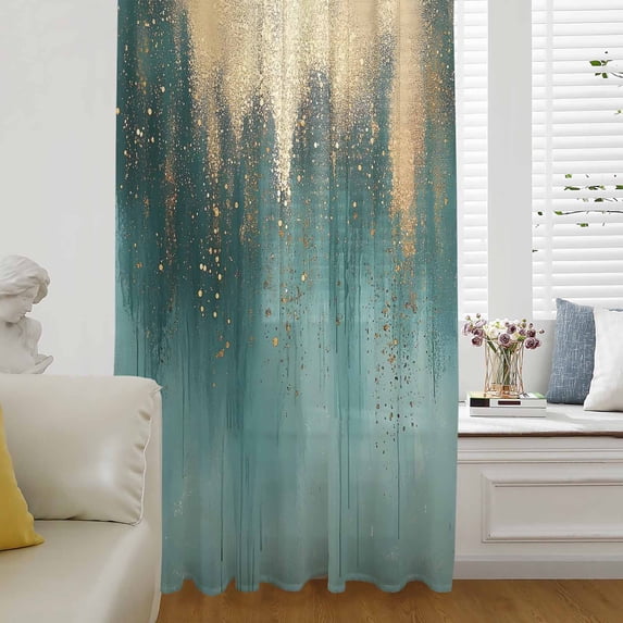 Modern Turquoise Gold Sheer Curtains 45 Inch Length, Light Filtering Voile Curtain Panel, Abstract Teal Minimalist Art Rod Pocket Drapes Window Treatments for Living Room Bedroom 52"x45"
